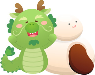 Cute dragon character or mascot, glutinous rice dumplings for Lantern Festival or Winter Solstice, Asian sweet with sticky rice and red bean filling, vector cartoon style