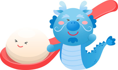 Cute dragon character or mascot, glutinous rice dumpling with glutinous rice balls for Lantern Festival or Winter Solstice, Asian sticky rice sweet food, vector cartoon style