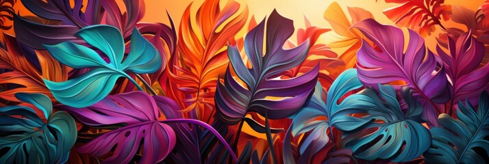 Fototapeta na wymiar Tropical Palm Leaves Vibrant Bold Gradient , Banner Image For Website, Background abstract , Desktop Wallpaper