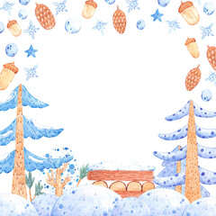 Hand drawn watercolor winter forest with firewood frame border. Fairy illustration isolated on white background. Can be used for label, postcard, album and other printed products.