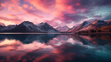 A mountain range is reflected in a lake