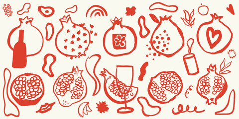 Abstract minimalistic set of abstract elements pomegranate, wine, glass, shapes, dots, lines, casting. Card packaging design, wine, drink, poster.