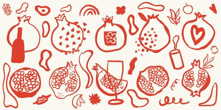 Abstract minimalistic set of abstract elements pomegranate, wine, glass, shapes, dots, lines, casting. Card packaging design, wine, drink, poster.