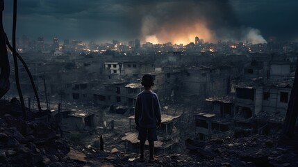 A young child stands in the foreground, gazing somberly at the ruins of a house demolished by a recent bombing in a wartorn city, reflecting the tragic impact of conflict on children.