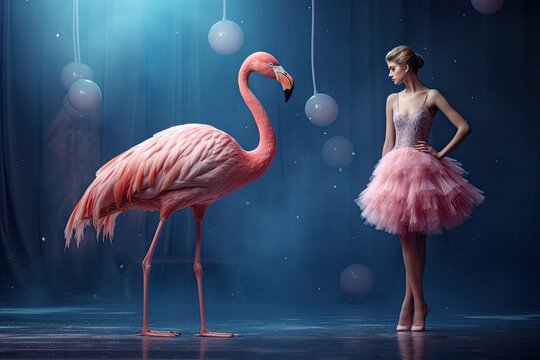 Flamingo and ballerina in ballet tutu on stage, vector ilustration, ai generative