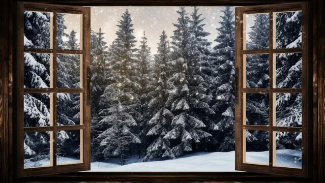 Silhouette of a wooden window overlooking the winter forest. Beautiful winter landscape with falling snow. Seamless looping video background animation. Generated with AI