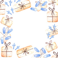 Hand drawn watercolor presents and footprints frame border. Fairy illustration isolated on white background. Can be used for label, postcard, album and other printed products.