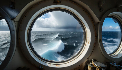 The stormy sea with storm clouds seen through three portholes of a moving ship. Looking through window porthole. - obrazy, fototapety, plakaty