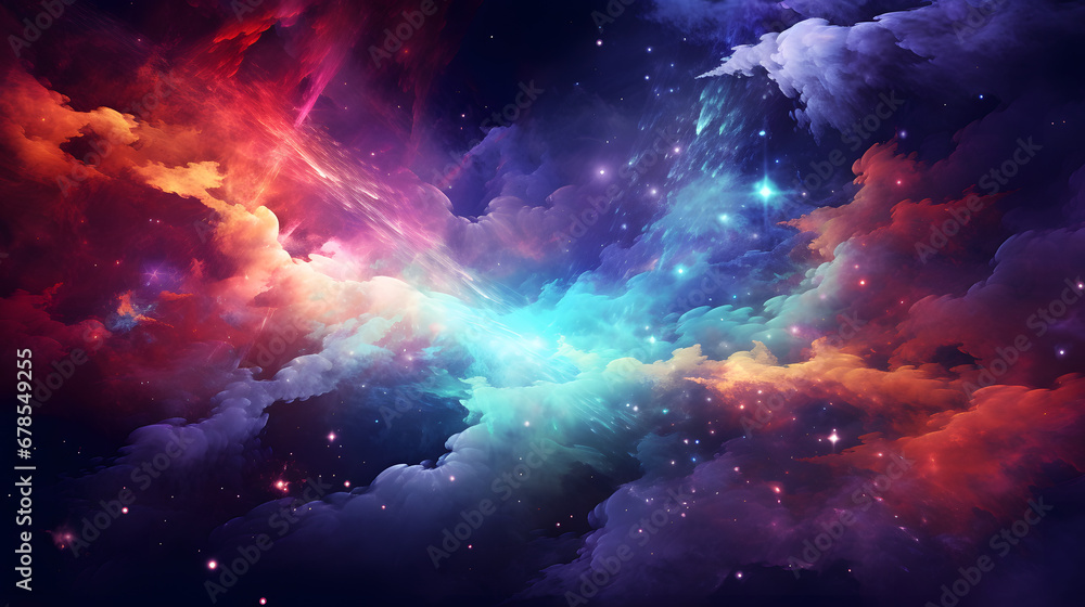 Poster abstract space wallpaper. black hole with lighn ray and nebula over colorful stars with cloud fields
