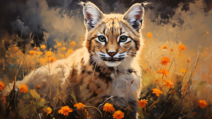 A painting of a bobcat in a field o flowers