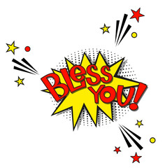 Comic lettering bless you. Vector bright cartoon illustration in retro pop art style. Comic text sound effects. EPS 10.