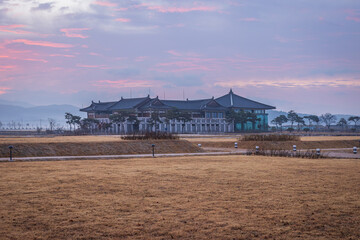 Gyeongju, South Korea - November 20 2022 "Hwangnyongsa Temple Site during the sunrise"