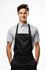 Fototapeta premium Portrait of male waiter in grey shirt and pblack apron isolated on white background