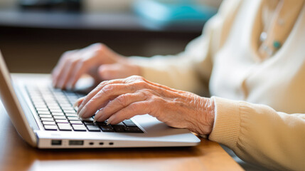 Close-up of elderly hands typing on a laptop, showcasing adaptability to modern technology