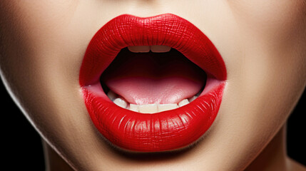 Close-up of sensuous red lips, emphasizing the beauty and texture of makeup