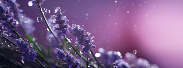 purple wallpaper with closeup of lavender sprig, detailed close-up of purple flower with water...
