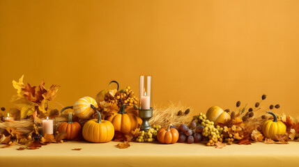 Naklejka na ściany i meble Harvest - themed table decor featuring pumpkins and fall foliage, yellow backdrop, with copy space