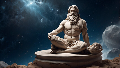 A statue of an ancient Greek god sitting on a rock in space. 