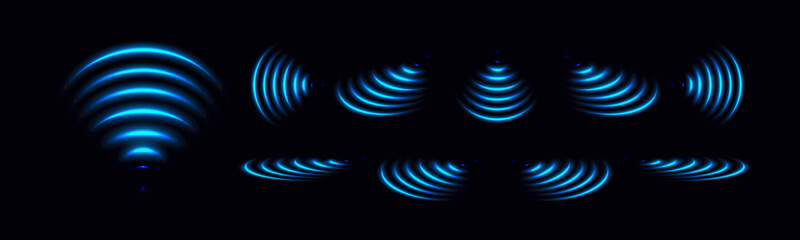 Wi-Fi light effect, Blue glowing signal sensor waves internet wireless connection. Wireless technology digital radar or sonar with glowing light effect. Vector - obrazy, fototapety, plakaty