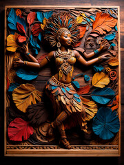 African women in national costumes carved on wooden canvas. 