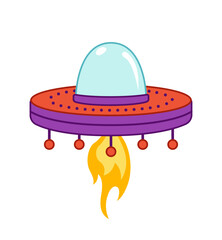 Red purple UFO with fire and round legs. Cartoon, vector