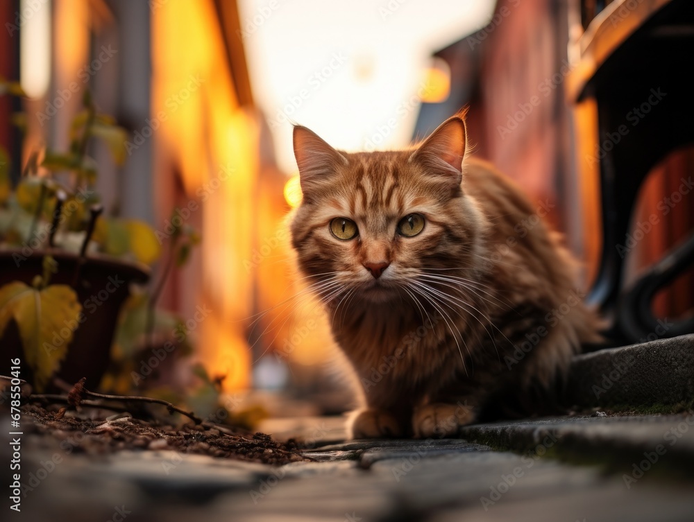 Poster a cat sitting on the ground in front of a building. generative ai.