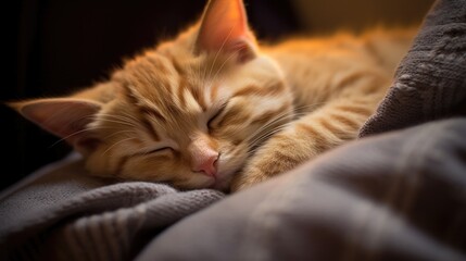 A cat sleeping on top of a blanket. Generative AI.