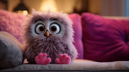 A stuffed owl sitting on top of a couch. Generative AI.