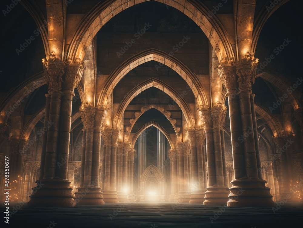 Poster a large cathedral with columns and lights. generative ai.