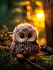 A stuffed owl sitting on a tree branch. Generative AI.