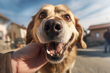 A portrait of a happy dog pet looks at its owner while an owner hands it over to pet it, shot outdoors. Generative AI.