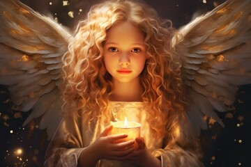 Ethereal child with wings and golden hair holds candle in celestial setting. Peaceful expression with twinkling stars around. Angelic presence in mystical realm.