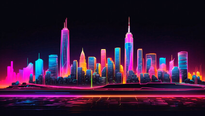 Graphic depiction of the city of the future in neon light. Generative AI