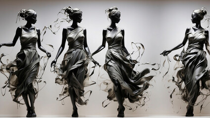 A smoky image of four girls in flying gray dresses. Generative AI