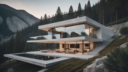 Modern minimalist concrete and glass house with pitched roof in mountains. Luxury villa with terrace - obrazy, fototapety, plakaty