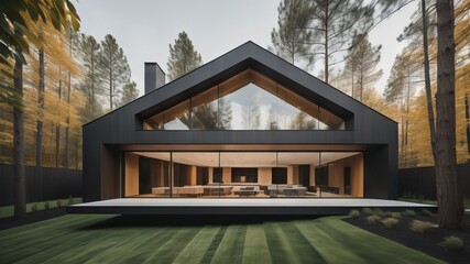 Modern minimalist private black house decorated with wood cladding. Residential architecture exterior  - obrazy, fototapety, plakaty