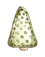 Creative Christmas tree made of green fabric with polka dots with hand stitching around the edge and a brown leg. Hand drawn watercolor illustration on a white background for your design.