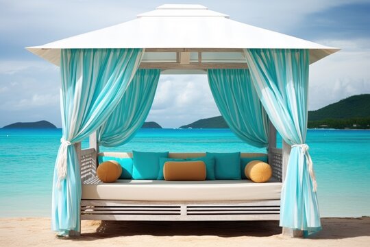exotic beach cabana with turquoise sea in the background