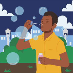 kids playing bubble outside park in flat illustration