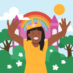 kids playing princess happy castle outside in flat illustration