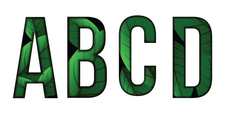 Green leaves font Alphabet a, b, c, d, text effect. Made of Real alive leaves with Precious paper cut shape of letter. Collection of brilliant leaves font for unique decoration in spring concept idea