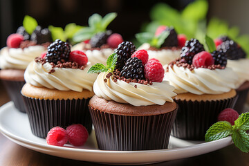 Chocolate cupcakes with cream cheese frosting and fresh berries.
 - Powered by Adobe