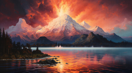 Fototapeta na wymiar A painting of a mountain on fire