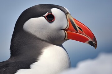 Naklejka premium detail shot of a puffin胢s beak with a grey, icy background