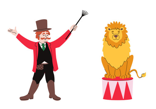 Animal trainer with lion. Circus character in doodle style.