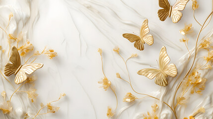 Botanical summer set of yellow golden color butterflies texture marble. Generative Ai.