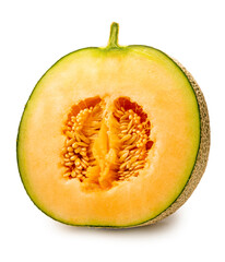 Cantaloupe melon cut in half on white background. Sweet Orange Melon isolate on white with clipping path.