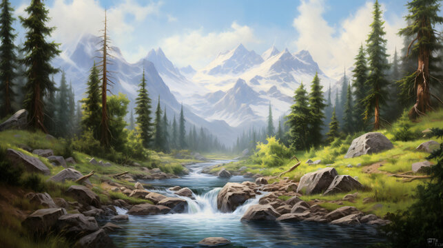 A painting of a mountain river