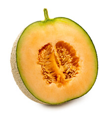 Cantaloupe melon cut in half on white background. Sweet Orange Melon isolate on white with clipping...