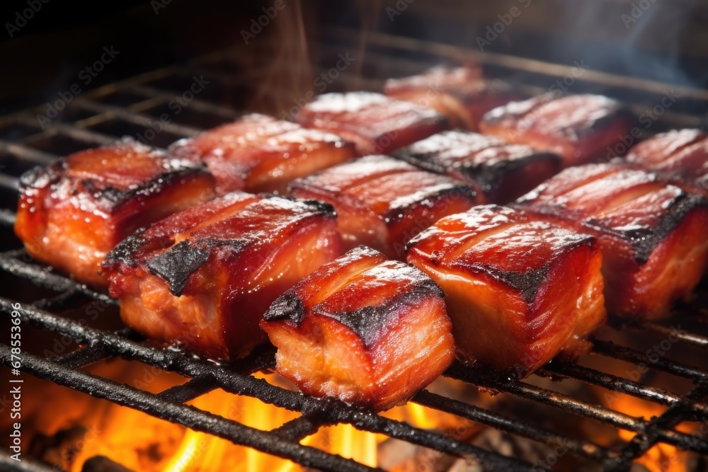 Sticker smoky pork belly on an outdoor grill